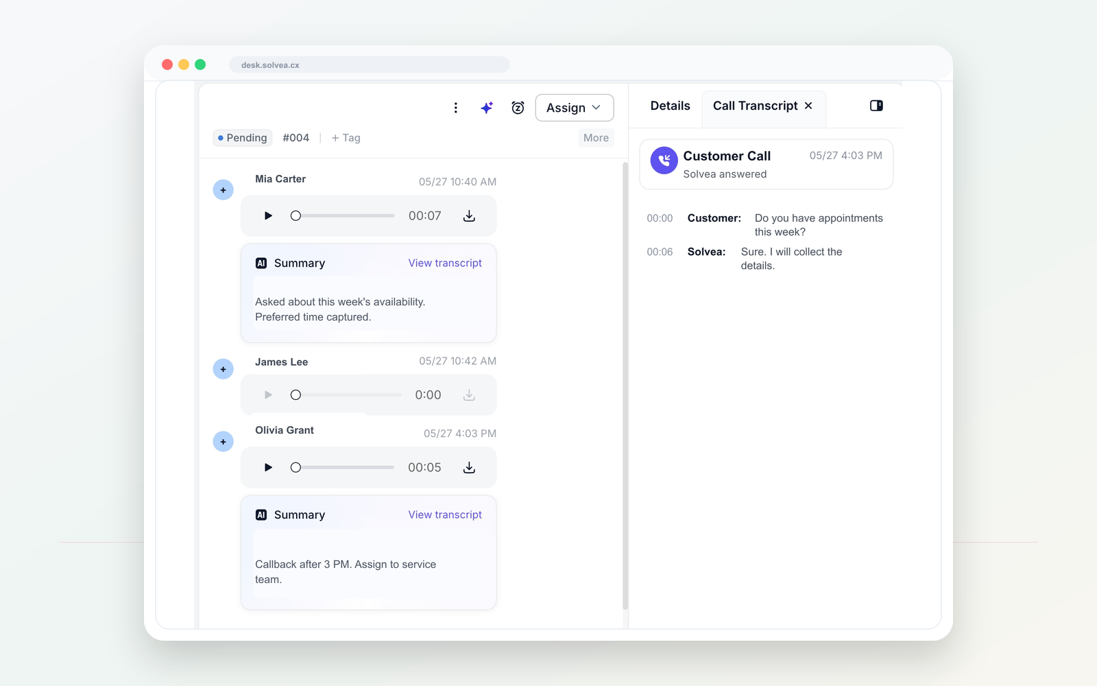 Solvea PC Desk call summary and follow-up preview