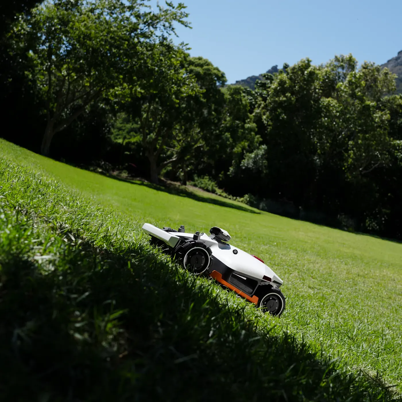 Mammotion LUBA 2 AWD robotic lawn mower working on a sloped lawn