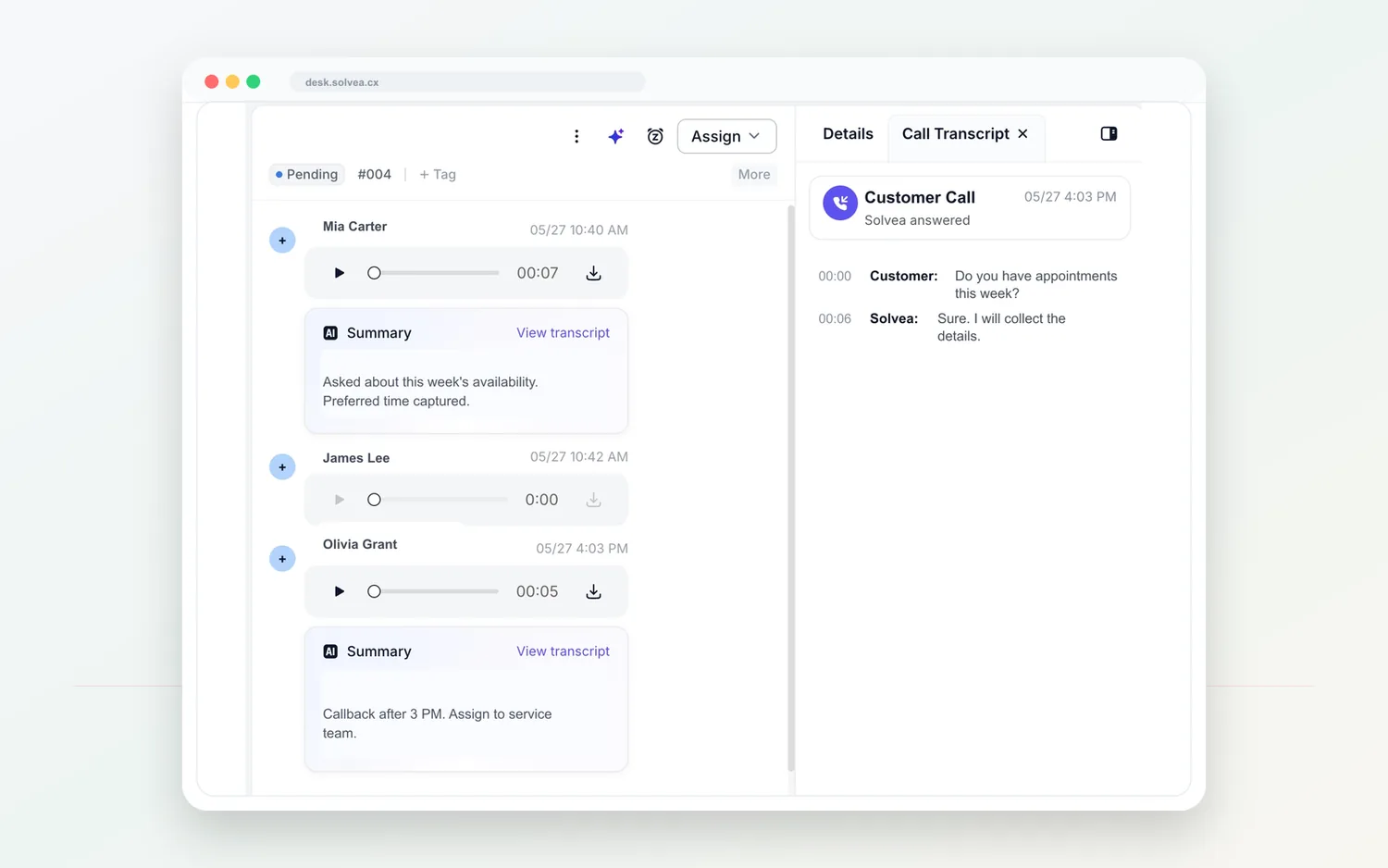 Call summary and customer follow-up in Solvea