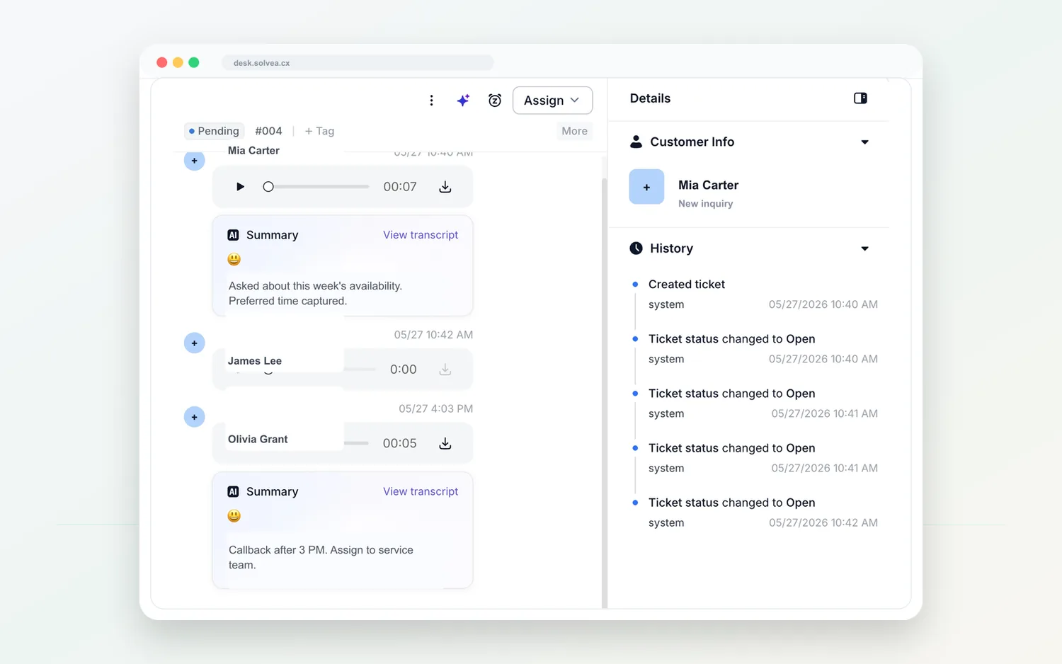 Customer context in Solvea Desk