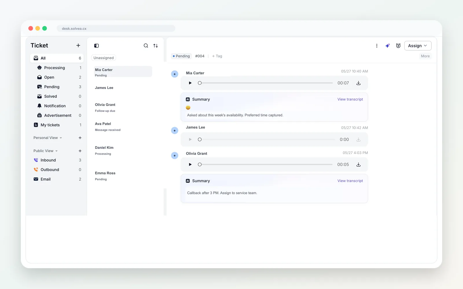 Shared customer service inbox in Solvea