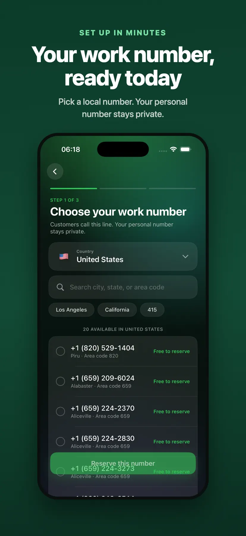 Solvea App screen for choosing a business phone number