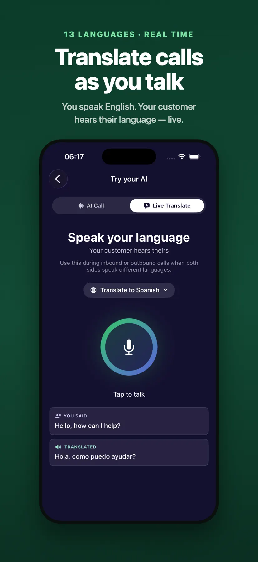 Solvea App live translation screen
