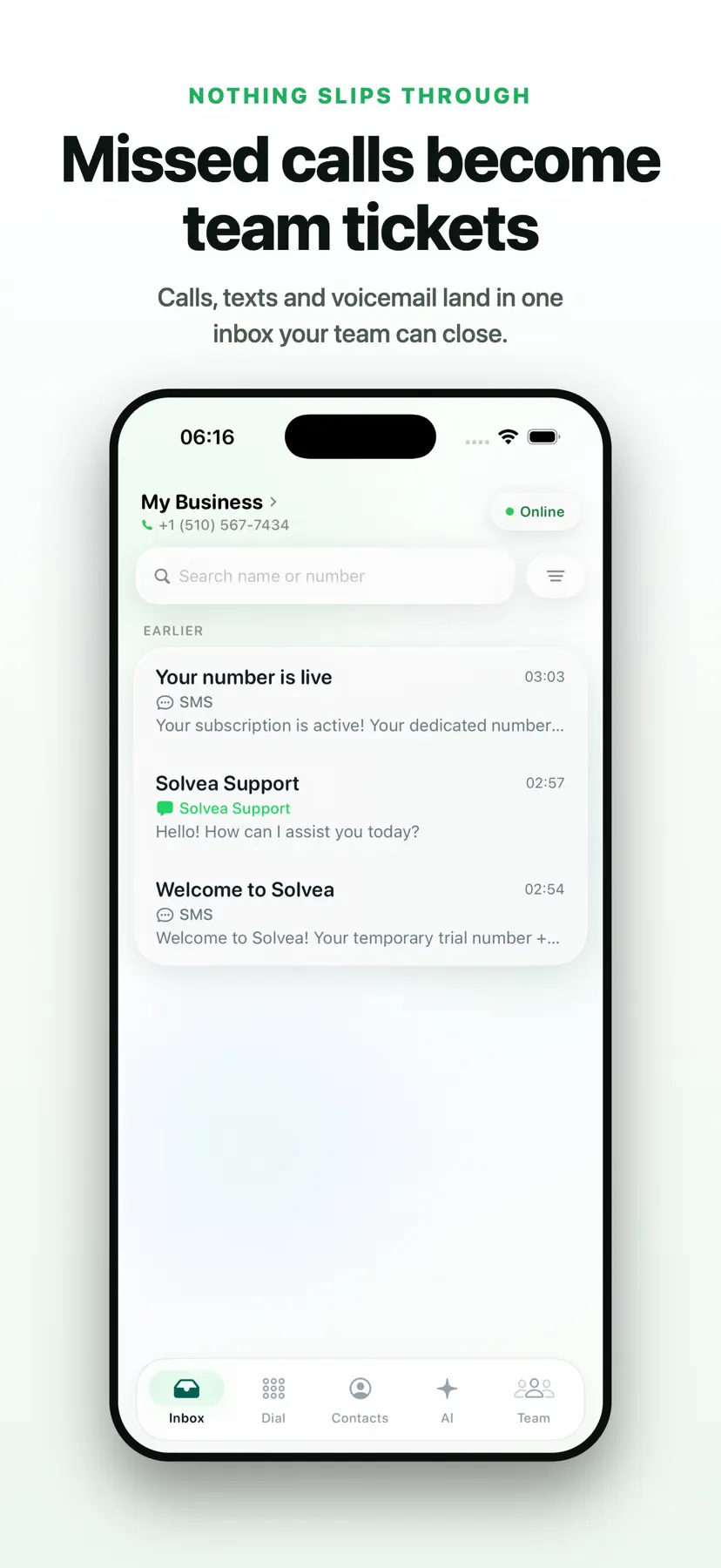 Solvea App inbox with customer calls and messages